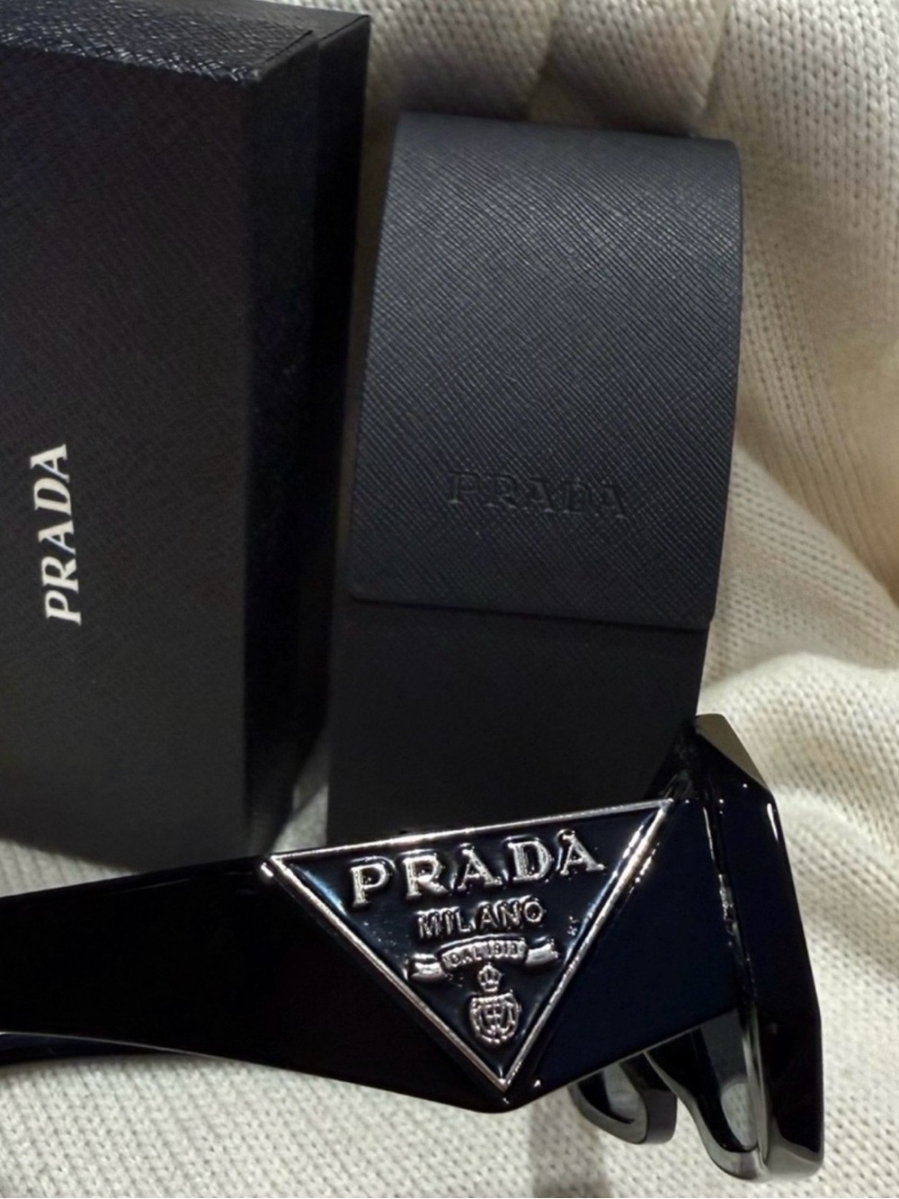 Prada Black Gloss Triangle Logo Sunglasses with Silver Emblem